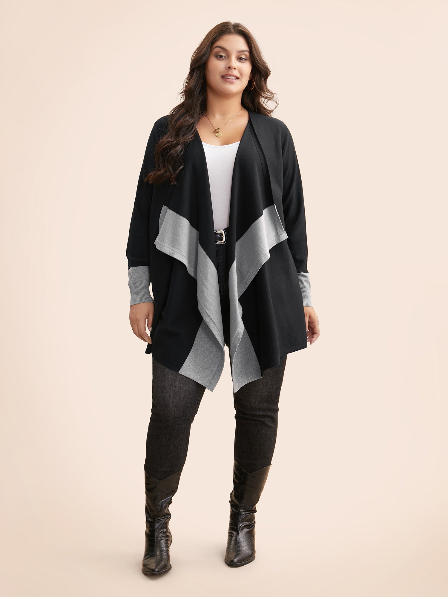 Contrast Kimono Collar Asymmetrical Hem Cardigan