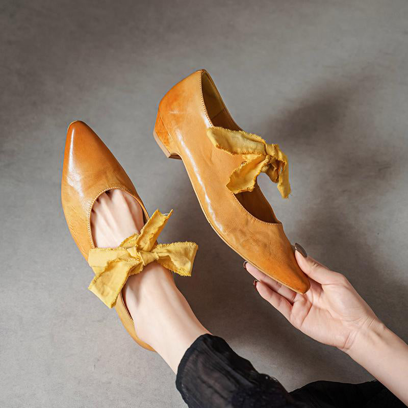 Horse Leather Retro Pointed Toe Ballet Flats Mary Jane Shoes with Bow-Tie Design Black/Blue/Yellow