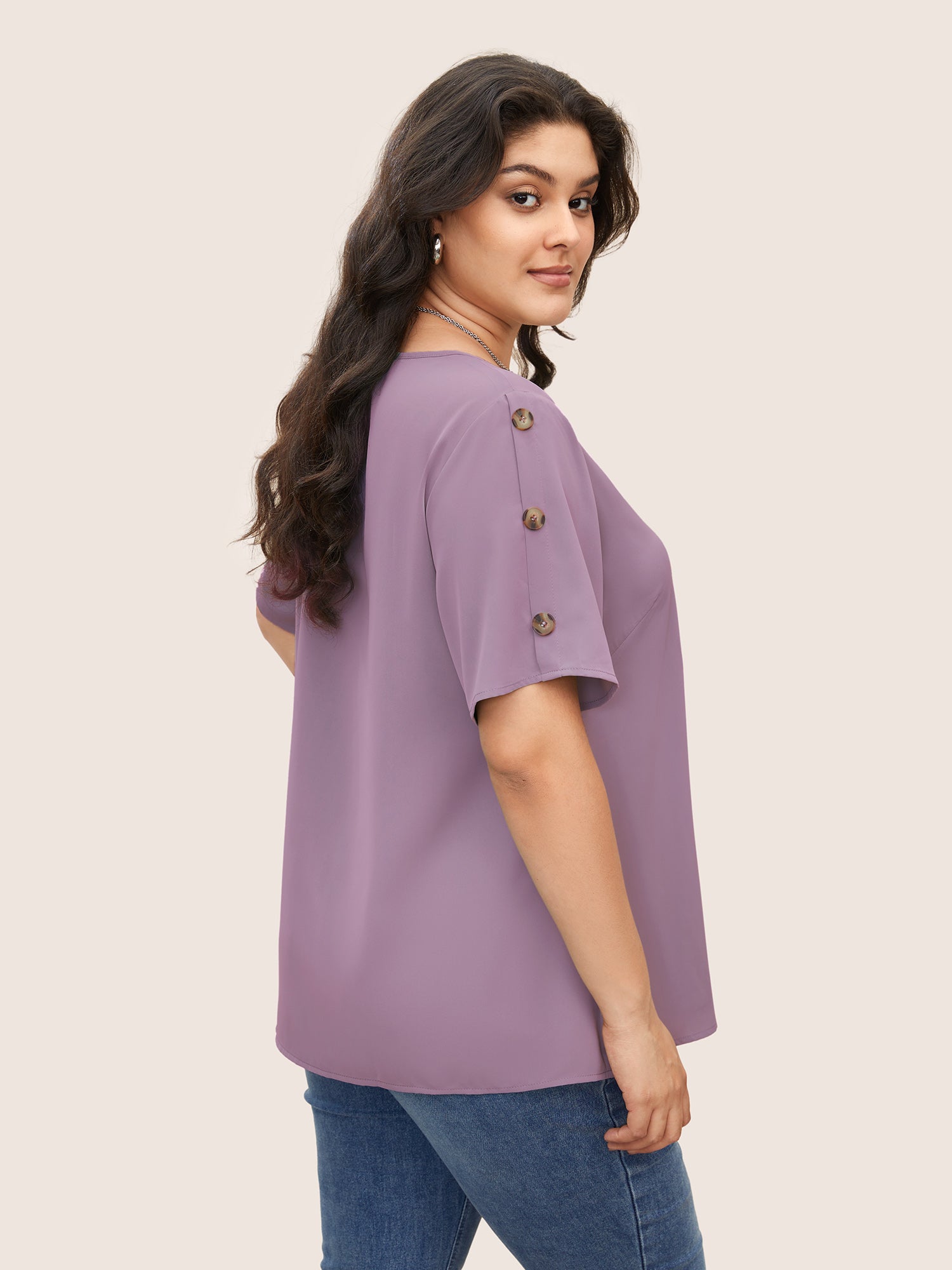 Plain Round Neck Button Detail Blouse
