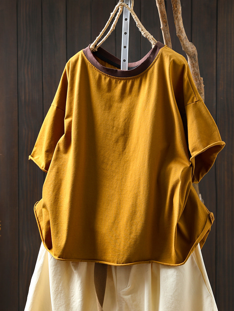 Women Summer Casual Cotton O-Neck Colorblock Shirt