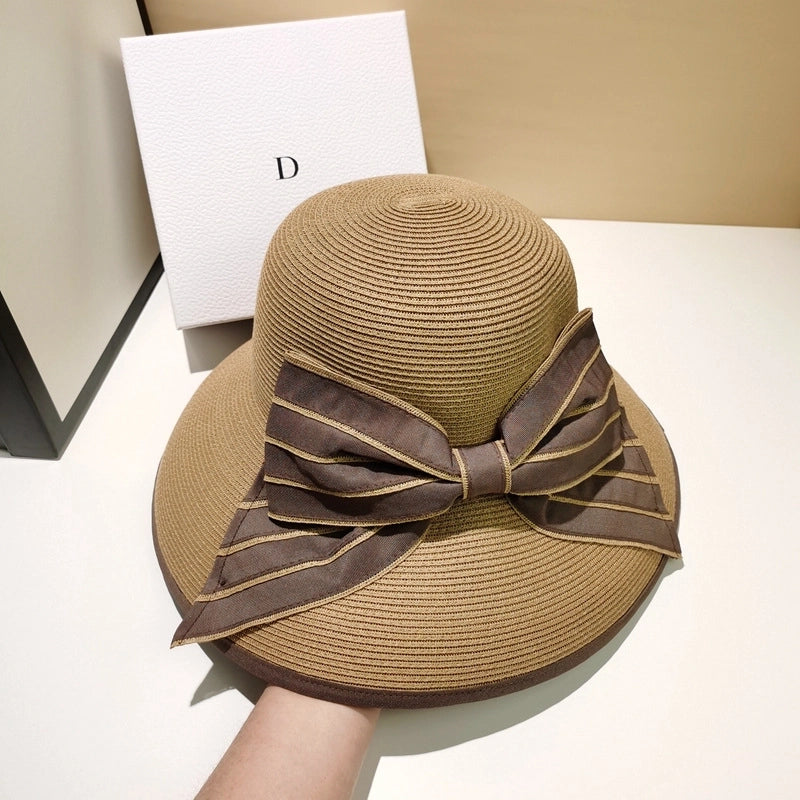 Women's Basic Pastoral Minimalist Bow Knot Wide Eaves Straw Hat