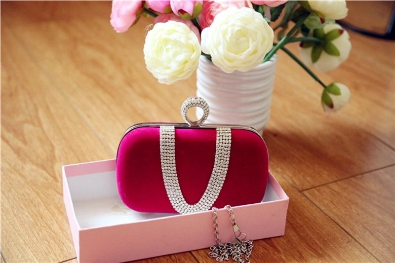 Red Khaki Dark Blue Velvet Solid Color Rhinestone Pillow Shape Clutch Evening Bag