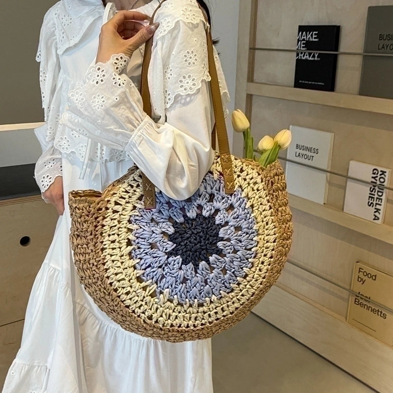 Women's Large Straw Color Block Vacation Beach Round Zipper Straw Bag