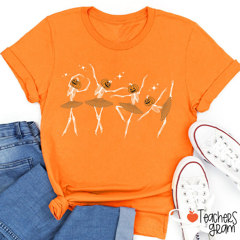 Dancing Pumpkin Skeleton Teacher T-Shirt