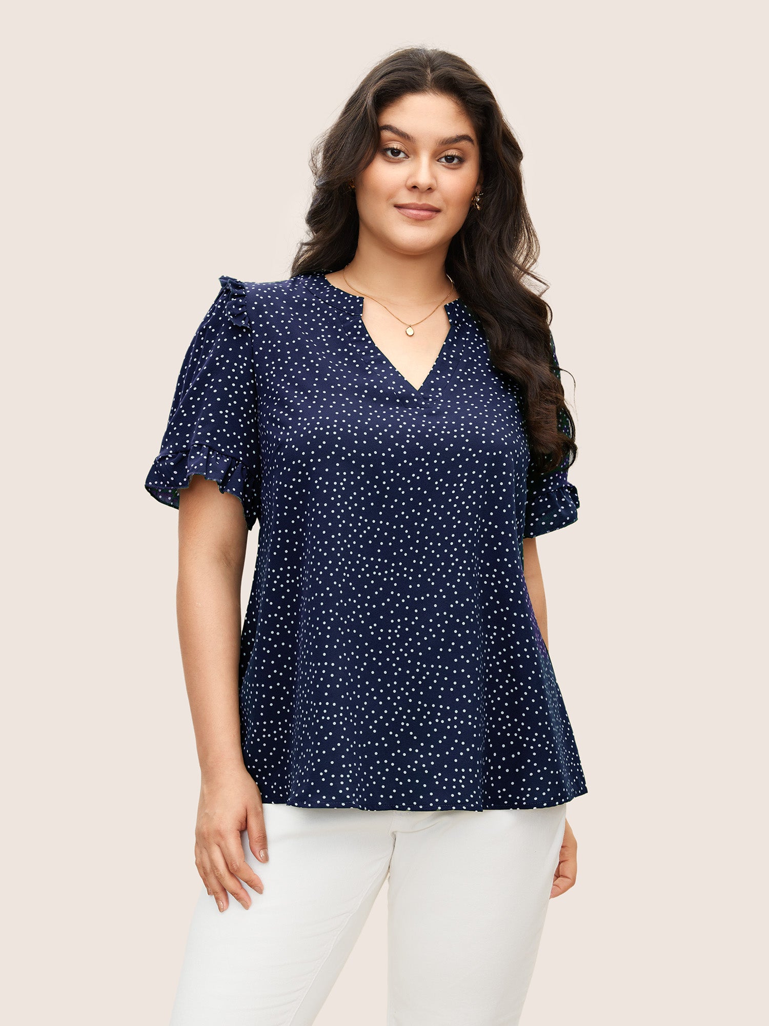 Polka Dot V Neck Ruffle Trim Blouse