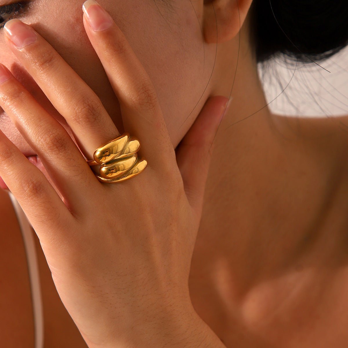 18K Gold Stainless Steel Water Drop Wave Ring Female Niche Design Ins Style Titanium Steel Ring
