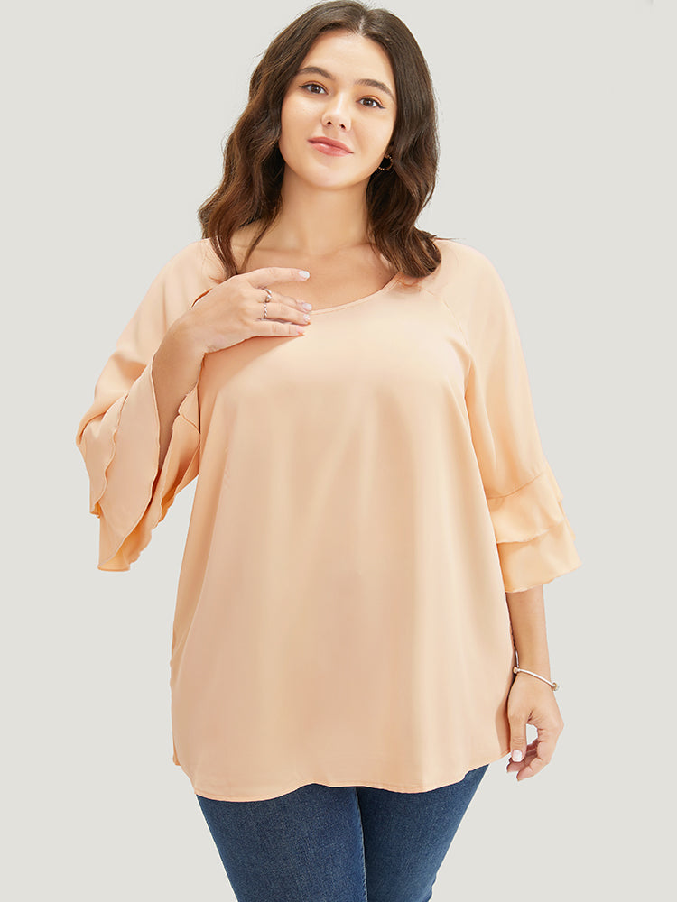 Plain Ruffle Tiered Round Neck Blouse