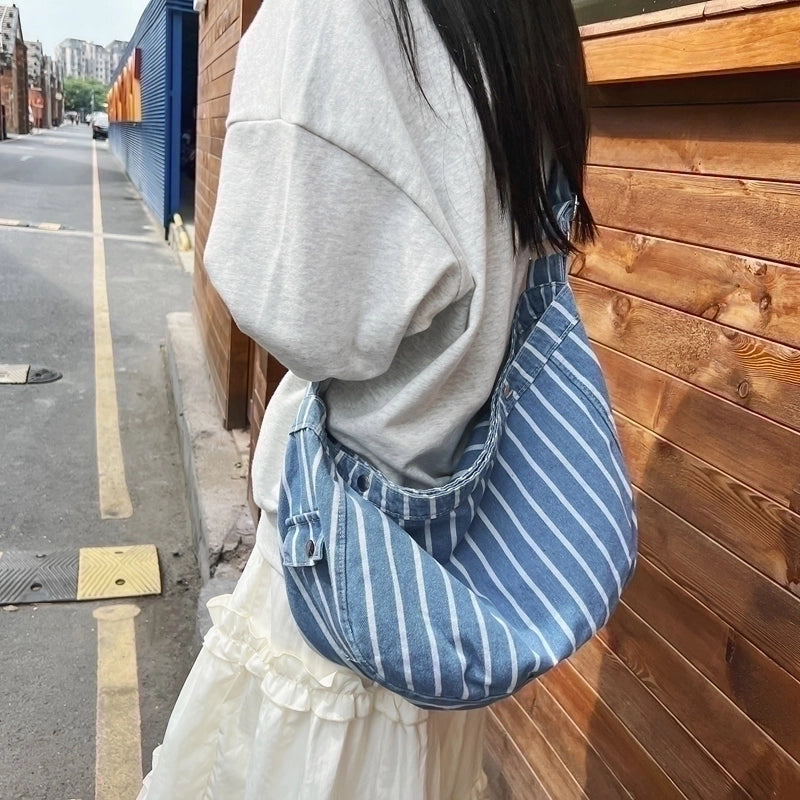 Unisex Denim Stripe Vacation Sewing Thread Square Magnetic Buckle Shoulder Bag