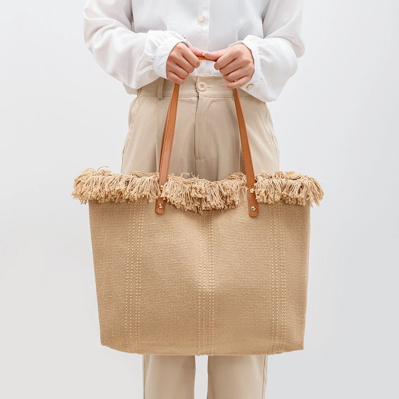 Women's Large Pu Leather Canvas Solid Color Beach Classic Style Square Magnetic Buckle Tote Bag