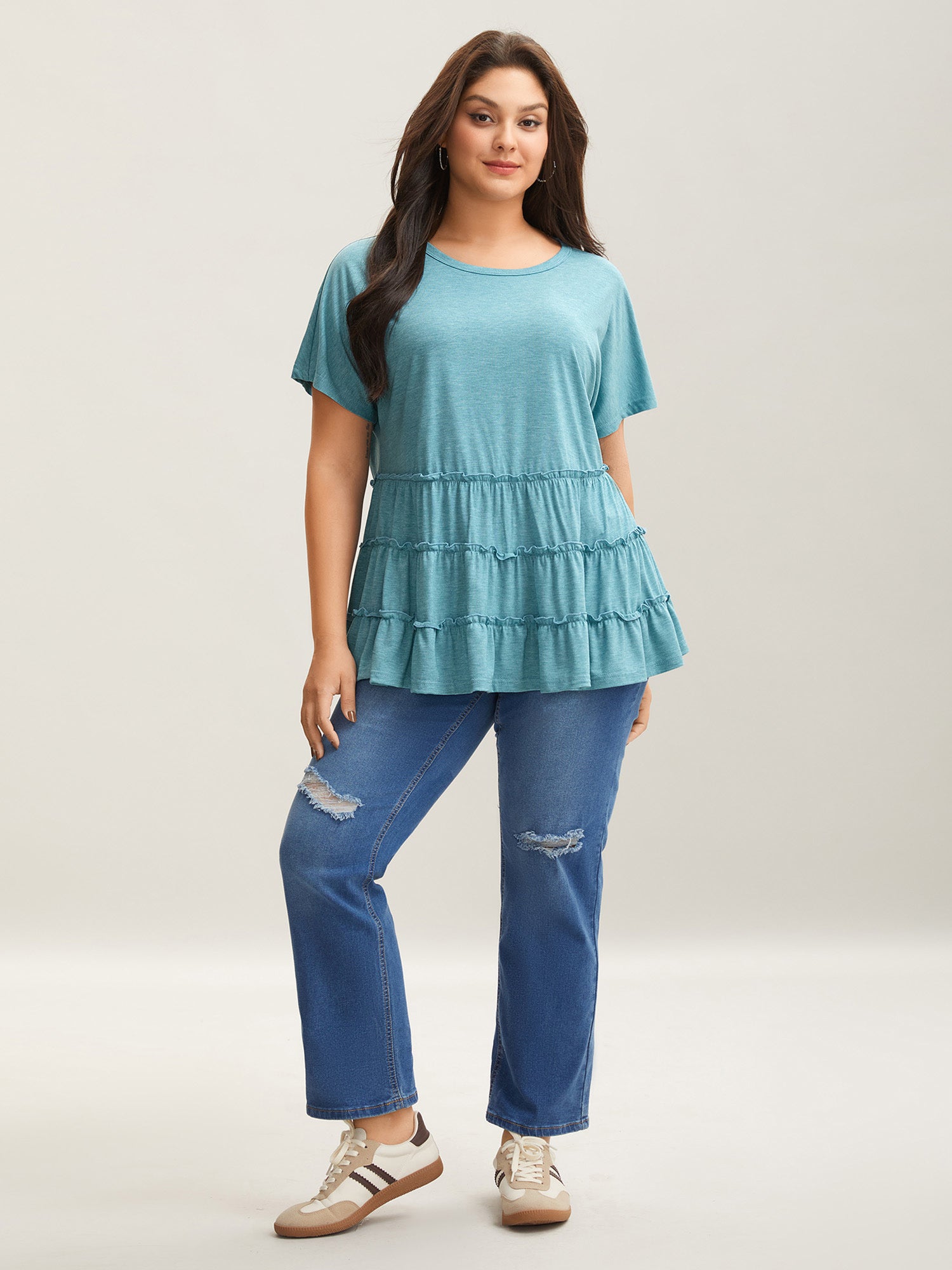 Tiered Petal Trim Crew Neck T-Shirt