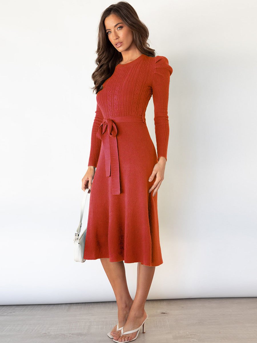 Bubble Sleeve Belt Knit Dress (5 colors)