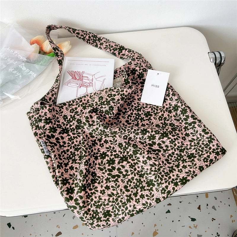Women's Medium Canvas Flower Basic Classic Style Square Open Canvas Bag