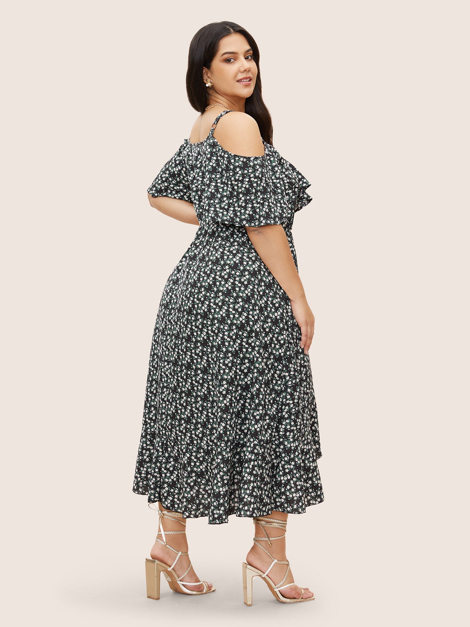 Ditsy Floral Pocket Wrap Cold Shoulder Ruffle Dress