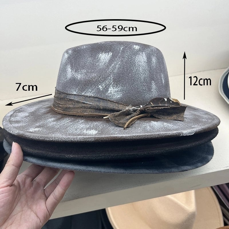 Handmade Old Smoked Big Brim Jazz Hat Feather Decoration Classic Gentleman Hat Retro Top Hat Cowboy Hat