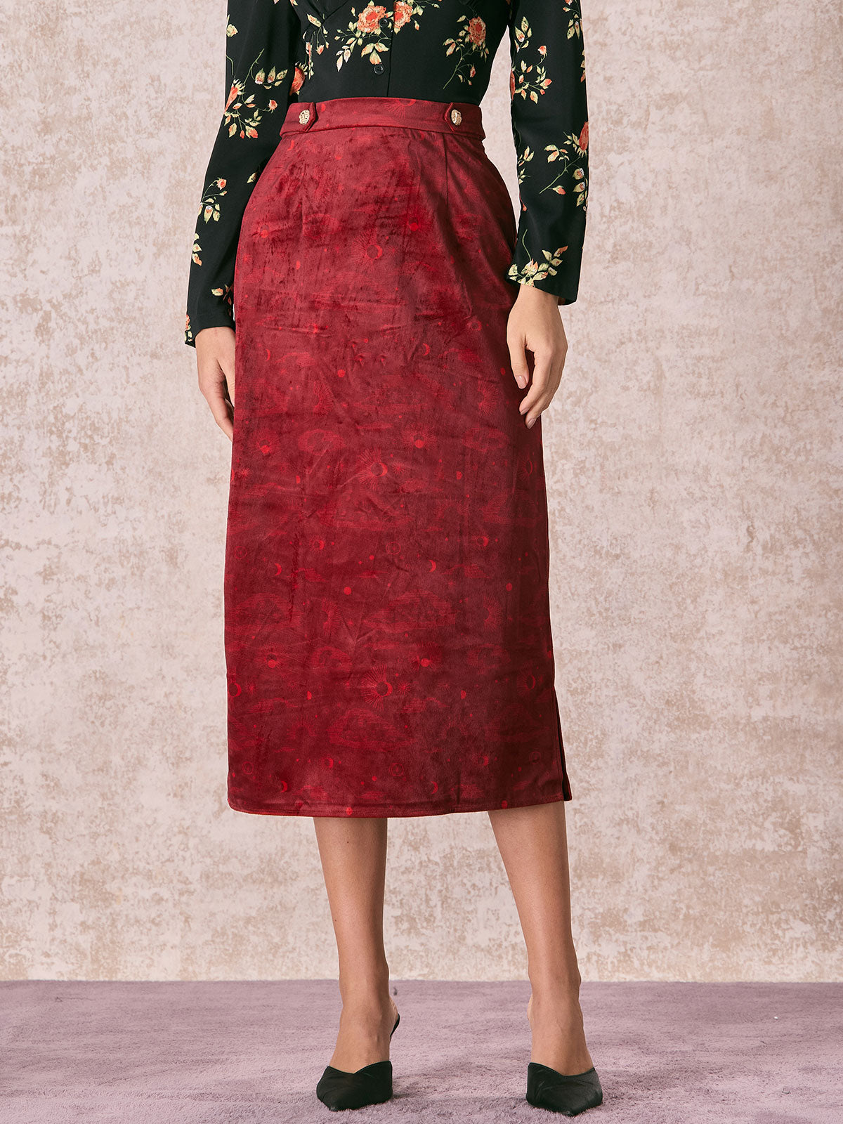 The Wine Red Split Hem Velvet Midi Skirt