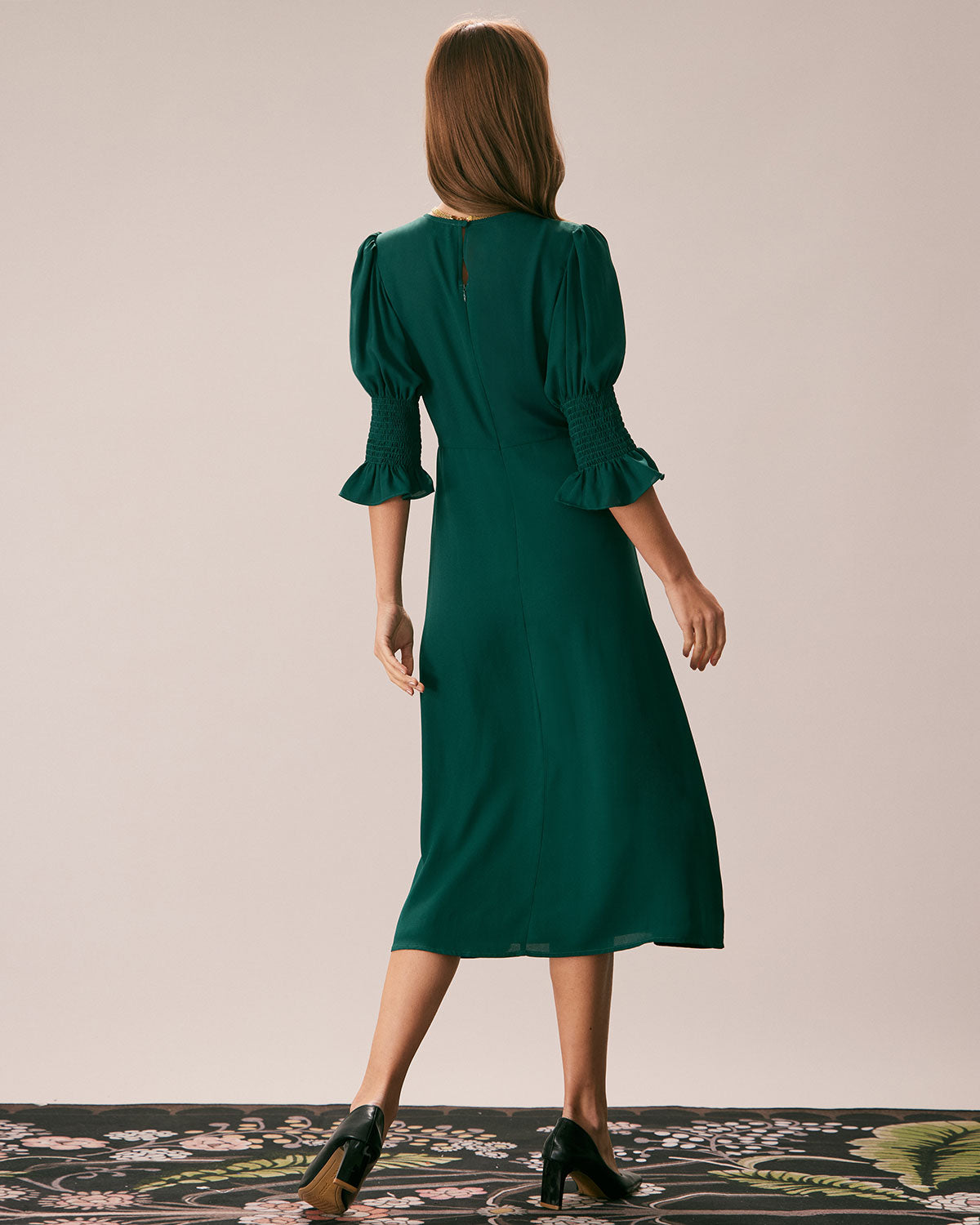 The Green Crew Neck Ruffle Slit Midi Dress