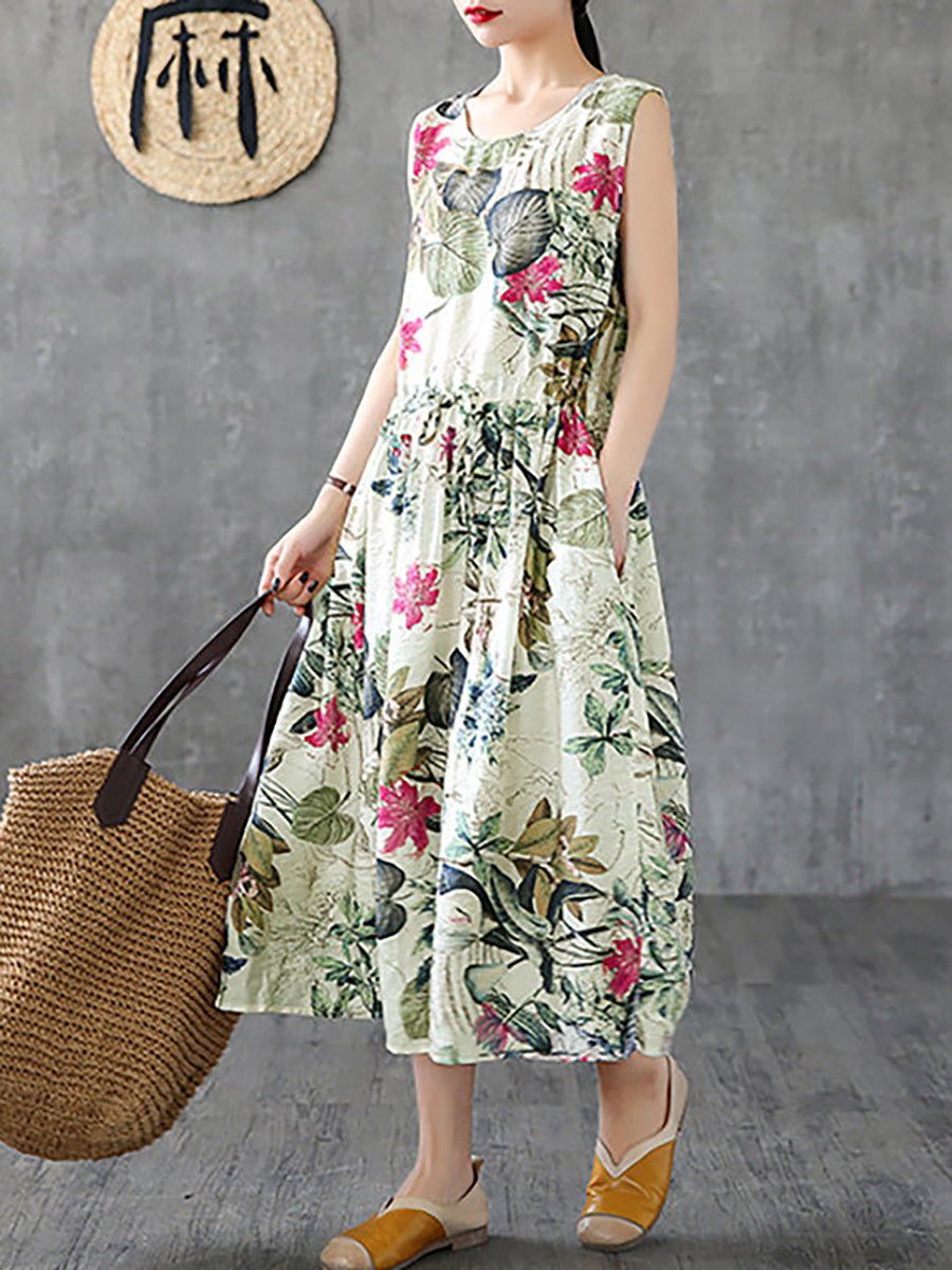 Plus Size Summer Casual Floral Printed Cotton Sleeveless Pinafore Dress