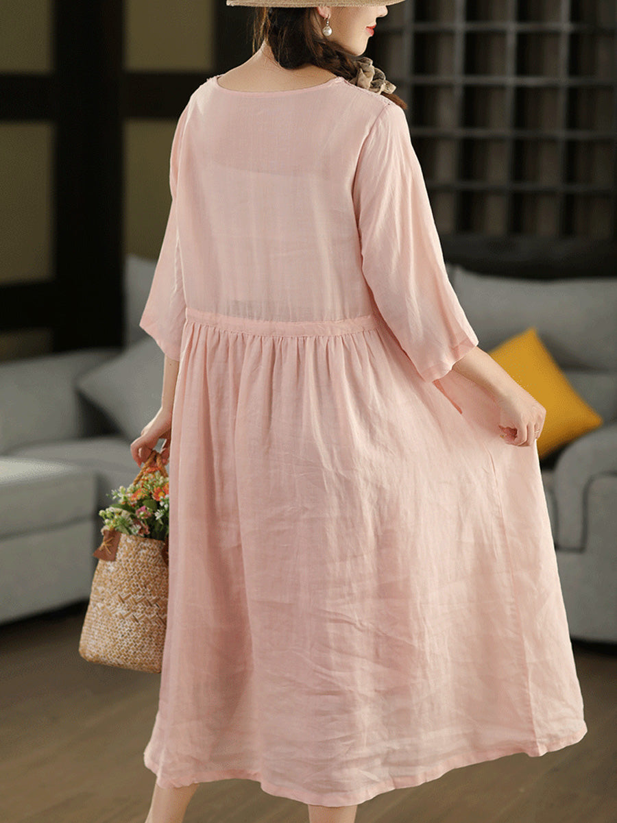 Women Summer Artsy Hook Flower Spliced V-Neck 100%Ramie Dress