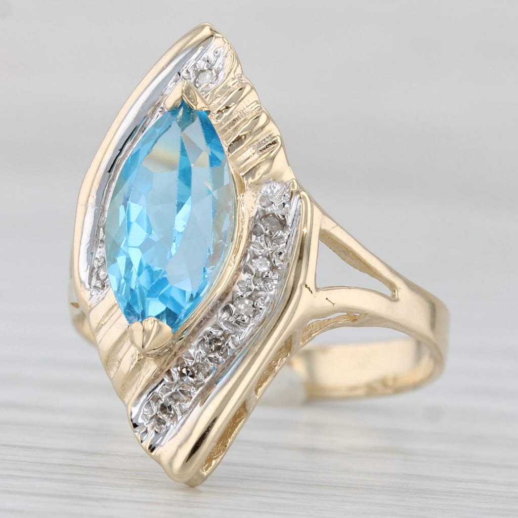 3.82ctw Marquise Blue Topaz Bypass Ring 14k Gold Diamond Accents Size 10.25