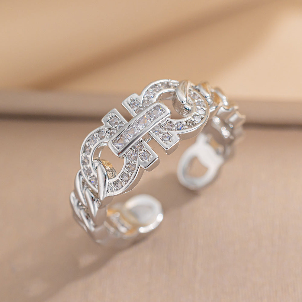 Shang Ins Chain Opening Adjustment Ring Female Version Micro-Inlaid Personality Couple Ring Retro Ancient Index Finger Ring