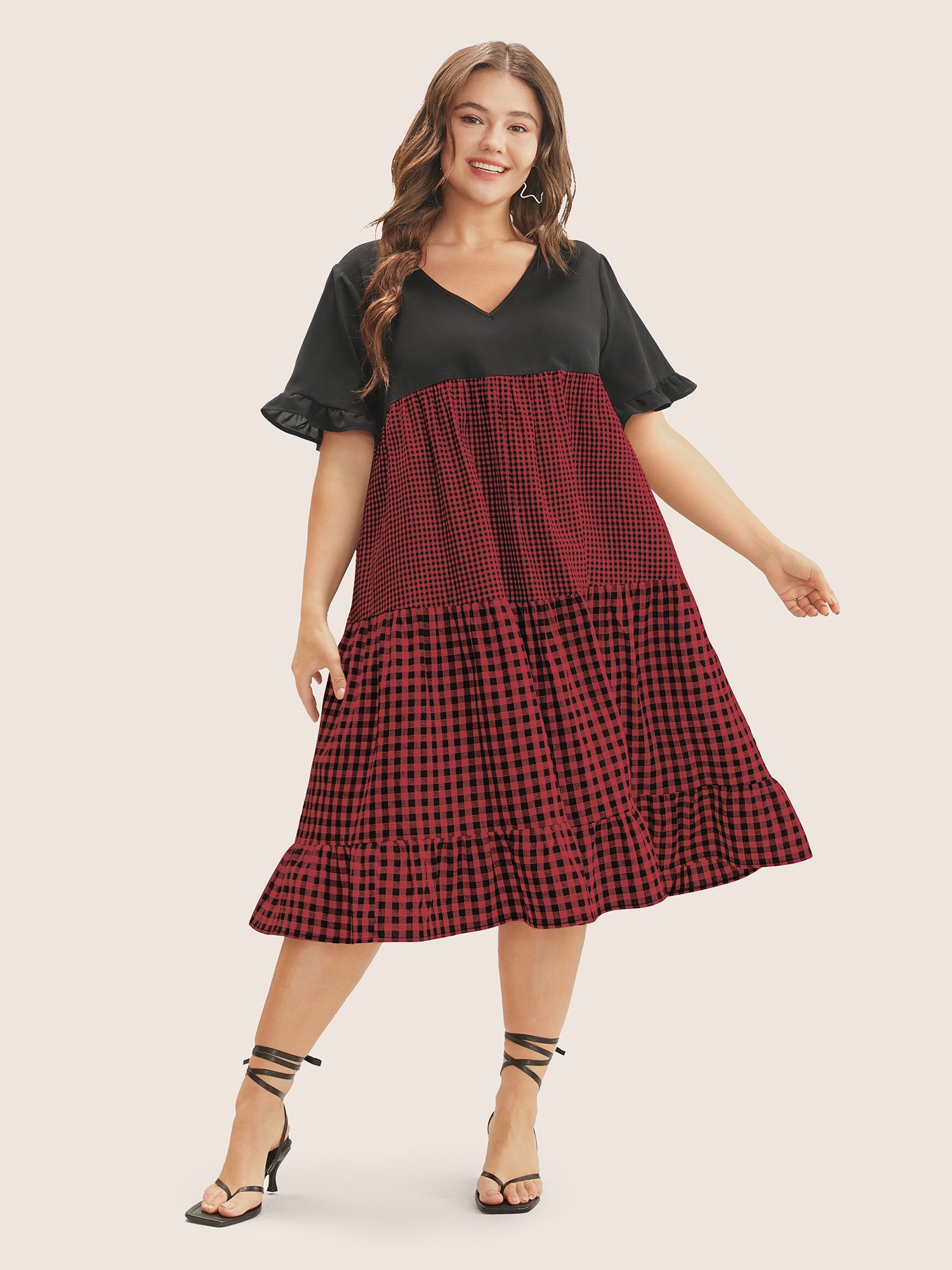 Gingham Patchwork V Neck Pocket Ruffles Dress
