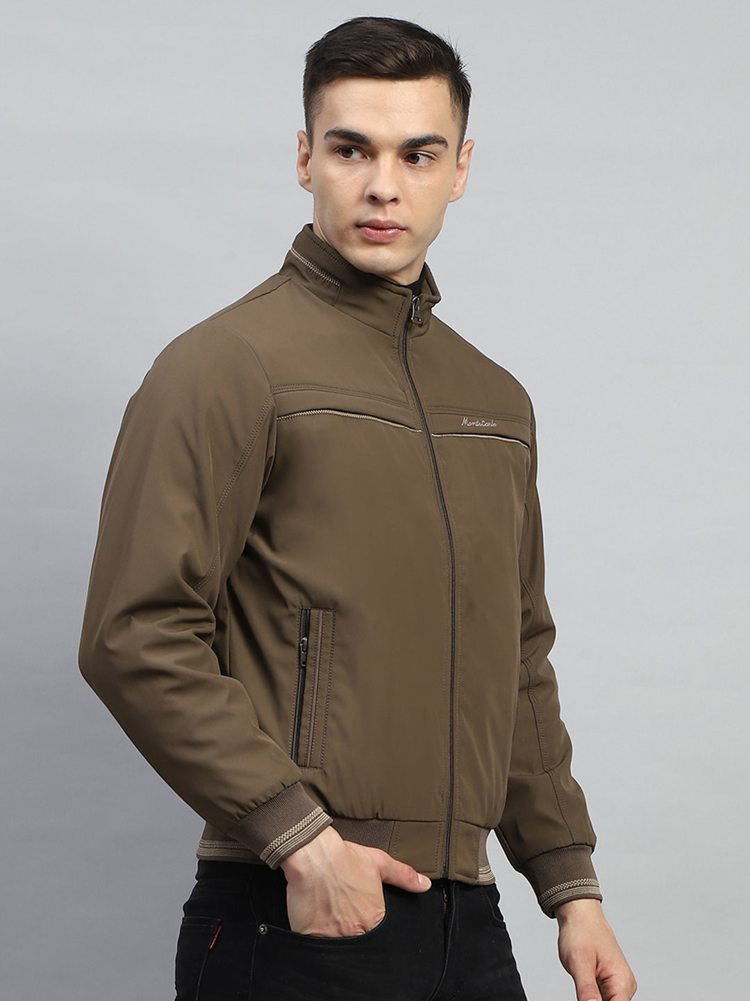 Men Brown Solid Mock Neck Full Sleeve Jacket