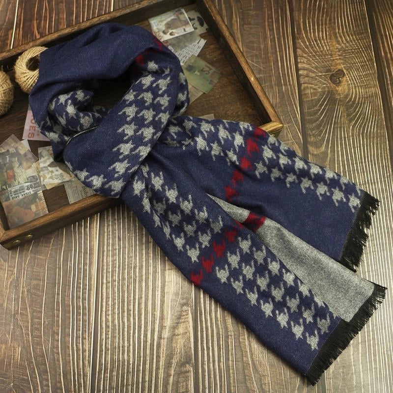 Men's Scarf Autumn And Winter Cashmere Fashion Casual Warm Scarf Plaid Black And White Distinctive Pattern Blue Fashion