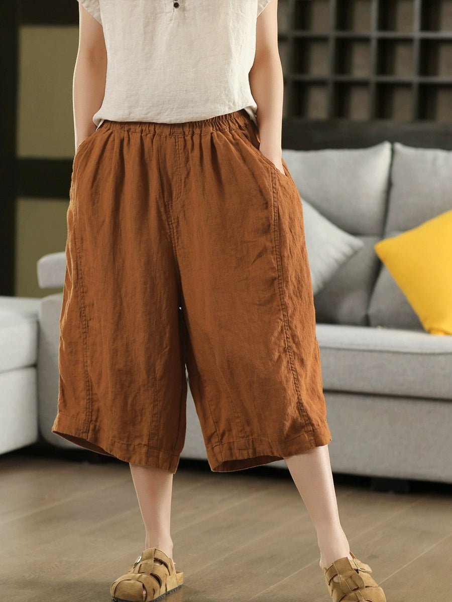 Women Summer Vintage 100%Linen Wide-leg Cropped Pants