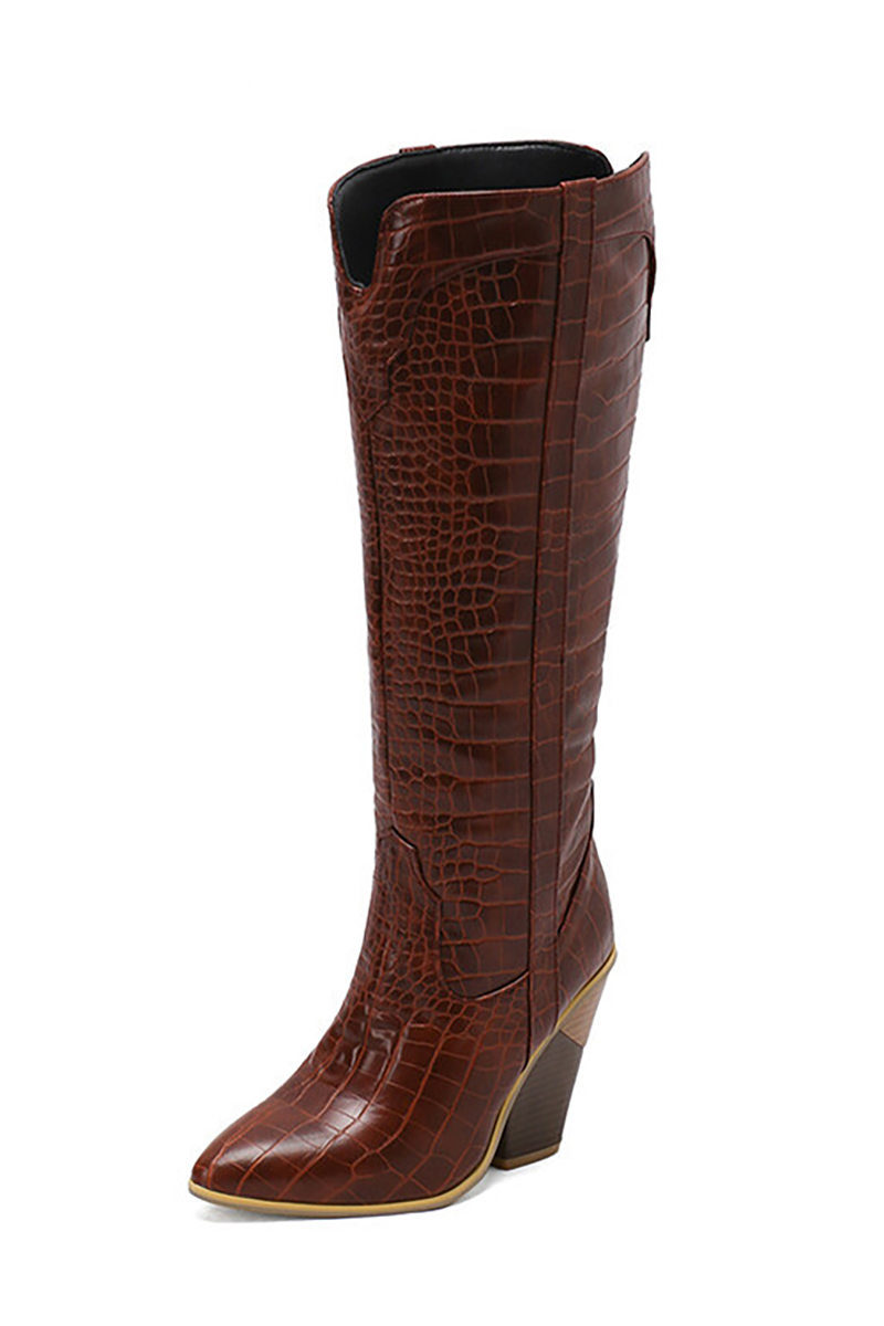 Stitching V Groove Pointy Toe Western Knee High Chunky Boots