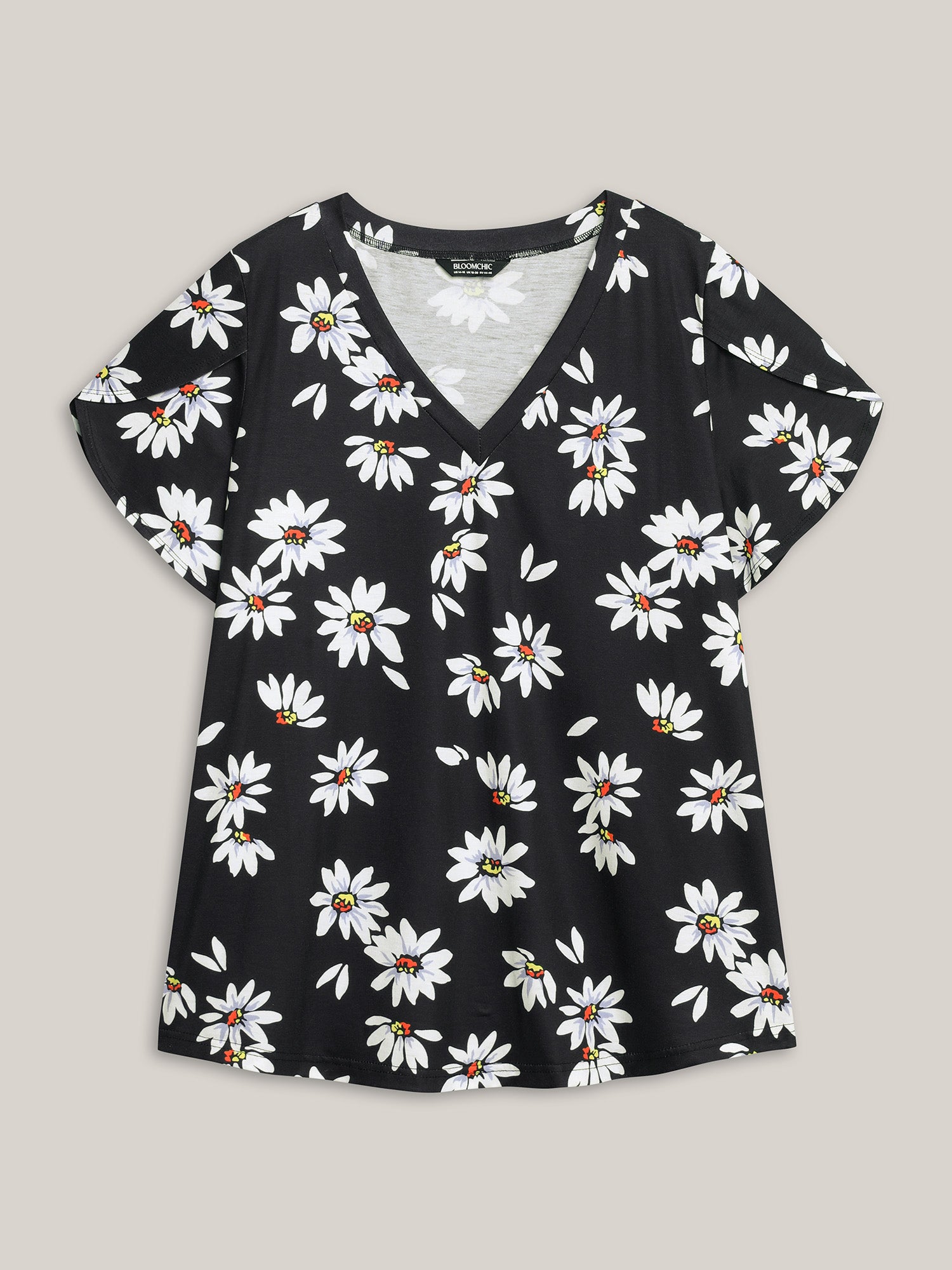 Floral Print Petal Sleeve Plain Knit Top