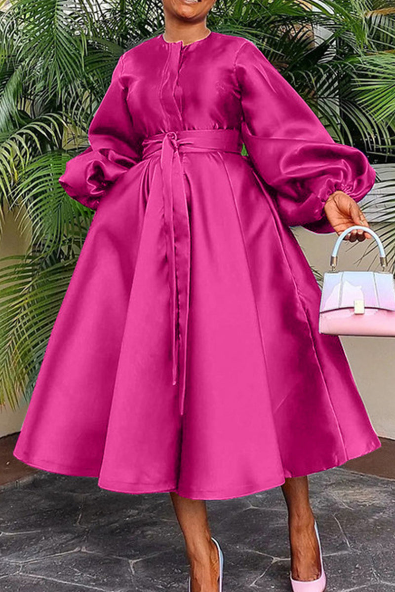 Casual Solid Bandage Patchwork Buckle O Neck Long Sleeve Dresses