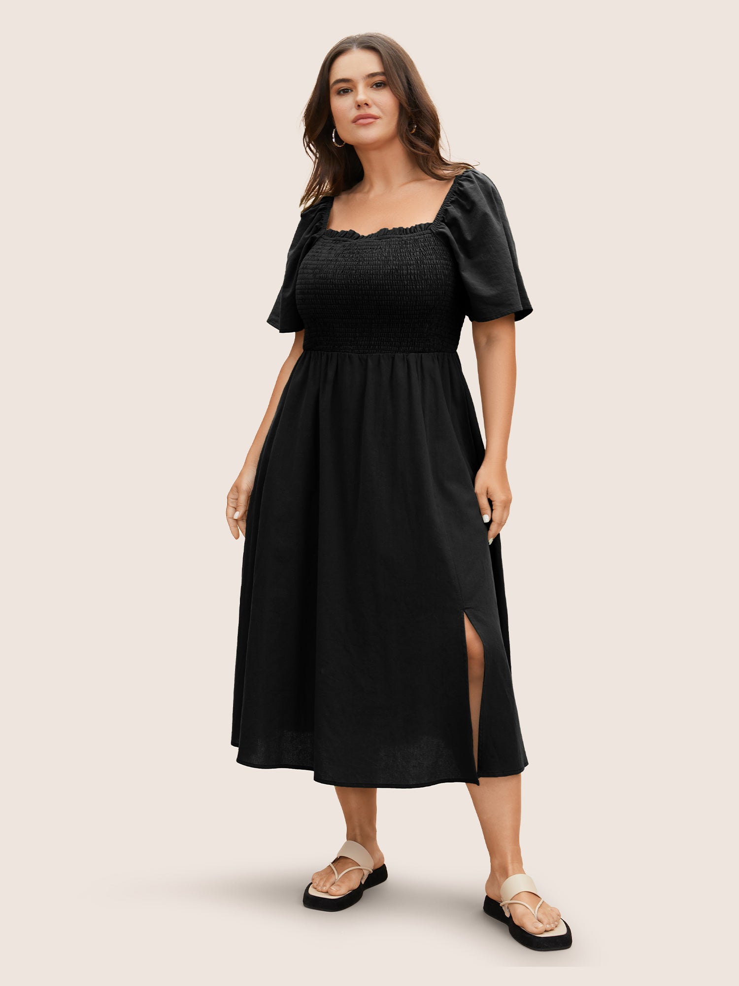 Cotton Square Neck Shirred Ruffle Sleeve Split Hem Dress