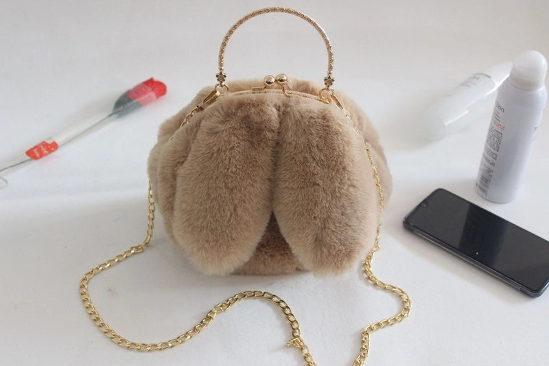 Women's Plush Rabbit Solid Color Cute Round Lock Clasp Handbag Crossbody Bag