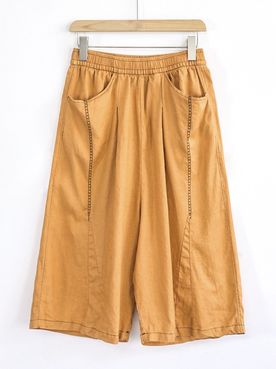 Women Casual Pure Color 100%Linen Wide-leg Cropped Pants