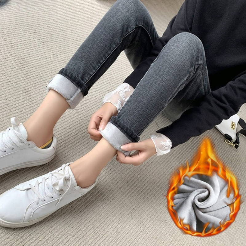 Thick Velvet High Waist Skinny Jeans For Women