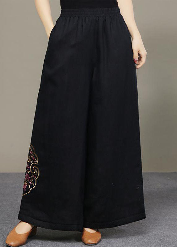 Boutique Black Embroidered Pockets Linen Pants Spring