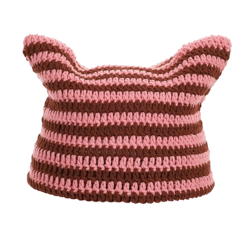 Autumn And Winter Wool Hat Japanese Sweet Little Devil Handmade Striped Hat Female Cat Ear Hat Warm Knitted Hat