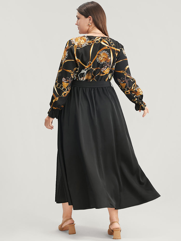 Chain Print V Neck Pocket Lantern Sleeve Belted Split Dress