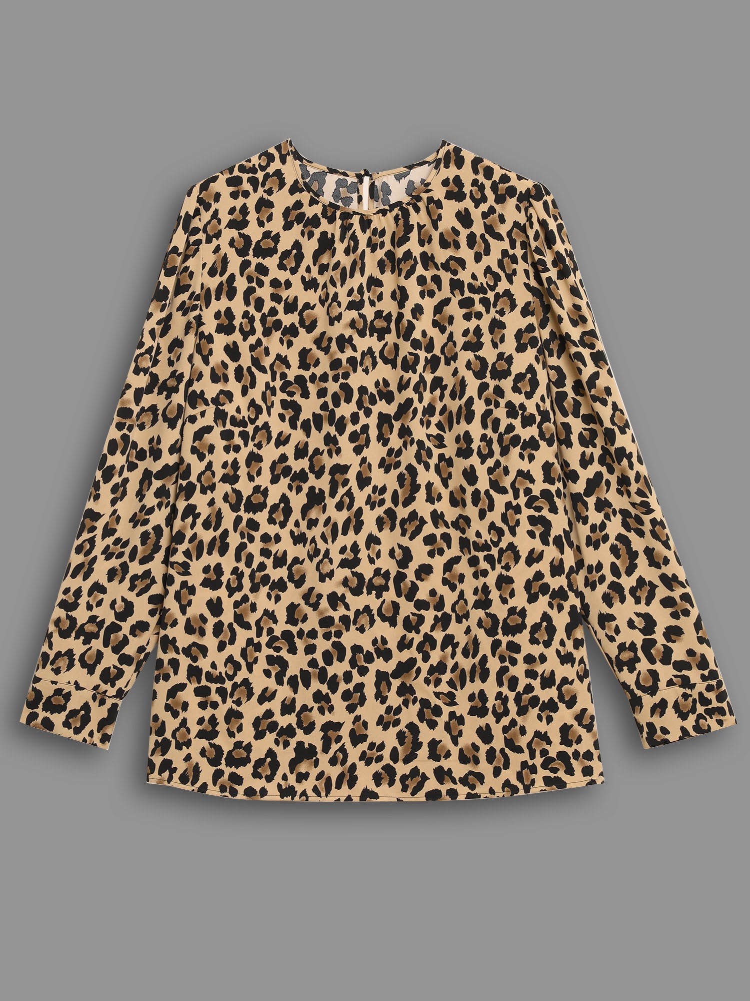 Leopard Print Mock Neck Gathered Blouse