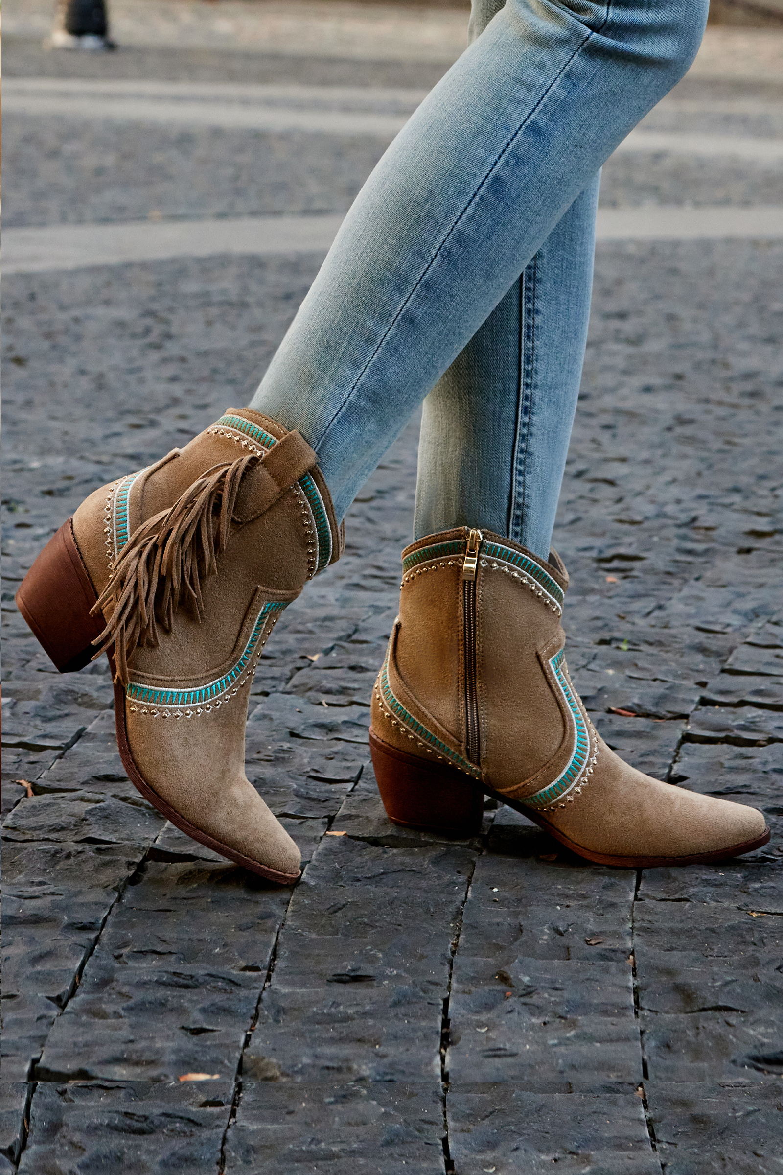 Contrast Binding Tassels Zipper Chunky Heels Western Boots
