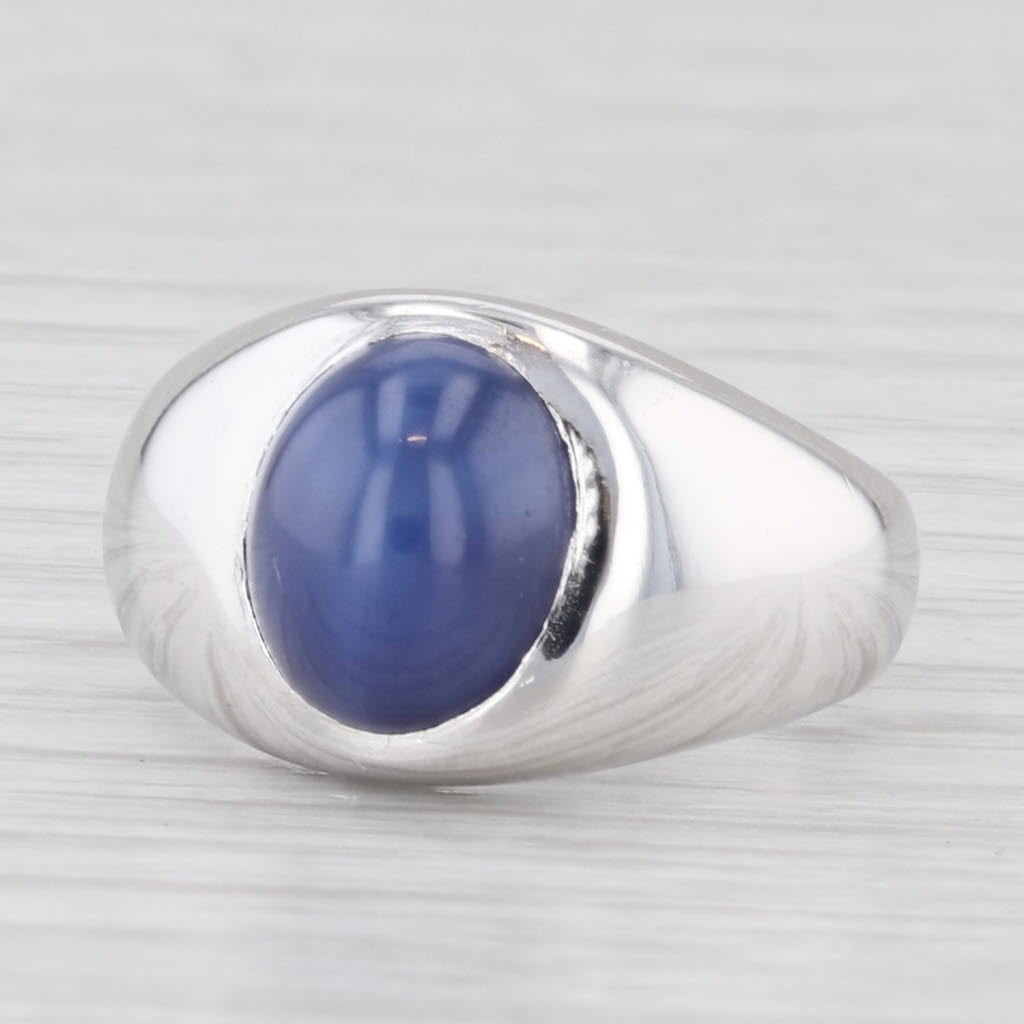 Lab Created Star Sapphire Ring 18k White Gold Size 5.5 Oval Cabochon Solitaire