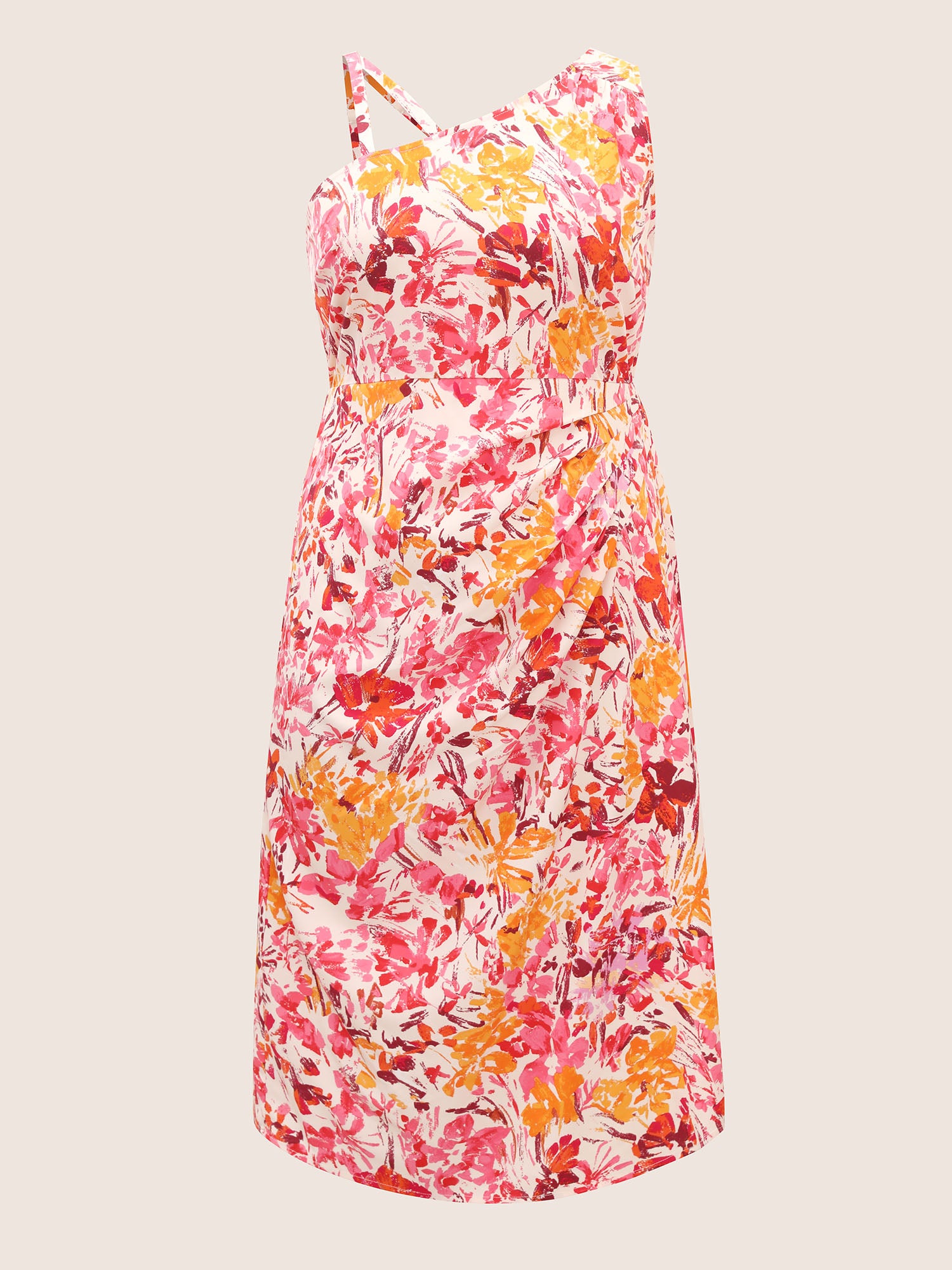 Asymmetrical Neck Watercolor Floral Pleated Dress