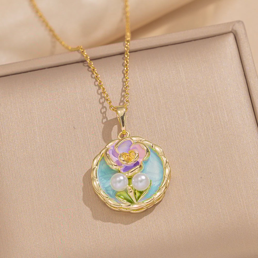 Retro Oil Drop Baroque Freshwater Pearl Enamel High-Grade Painted Flower Pendant Necklace