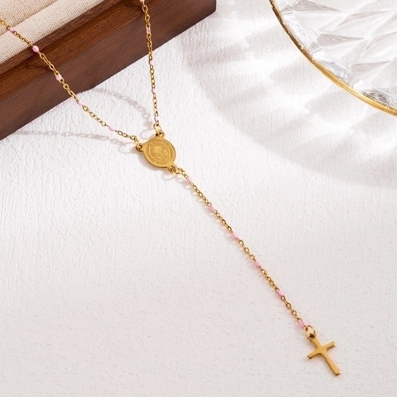 3 Pieces Elegant Classical Cross Virgin Mary Priest Stainless Steel Beaded Plating 18k Gold Plated Necklace