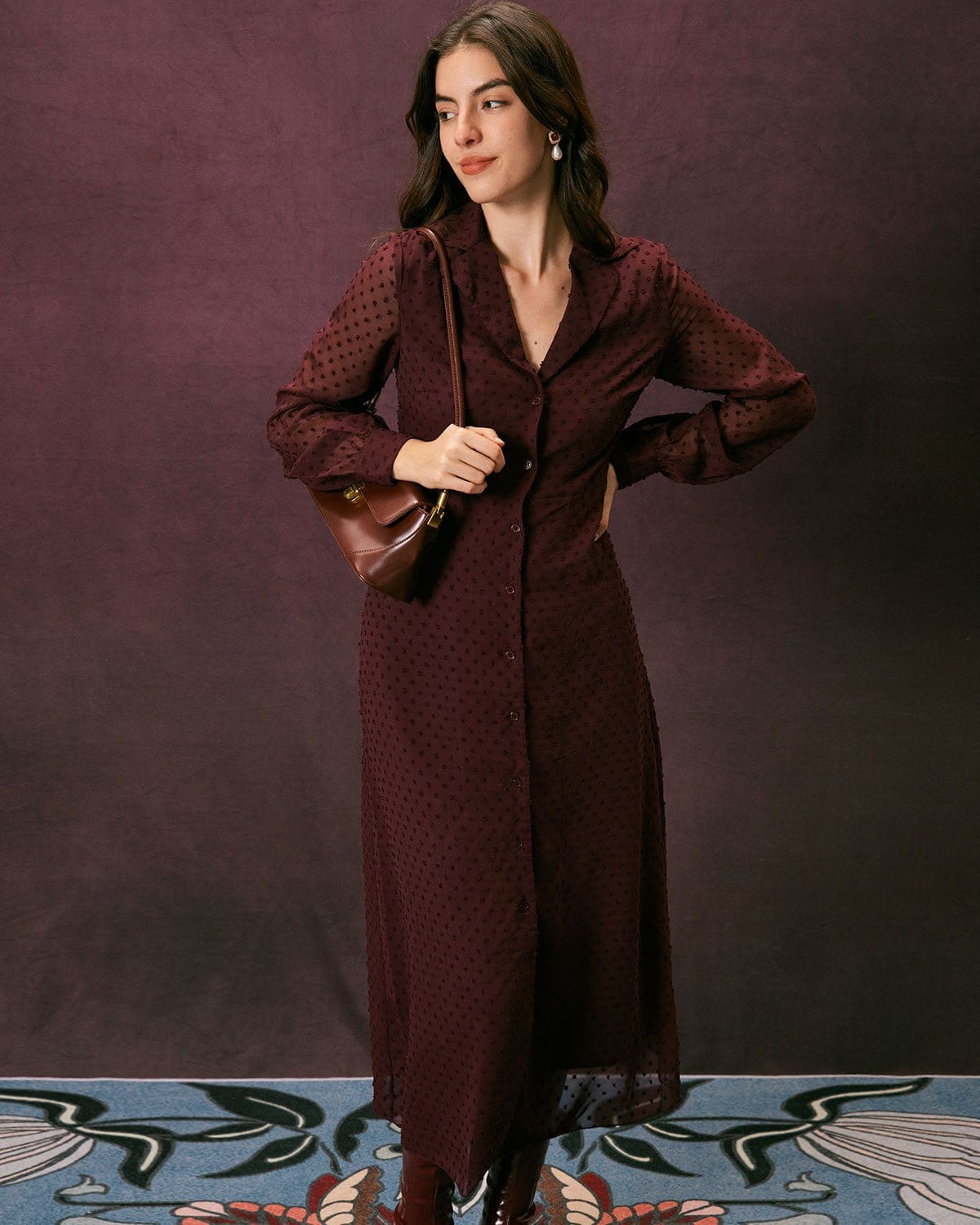 The Dark Red Lapel Dobby Mesh Maxi Dress