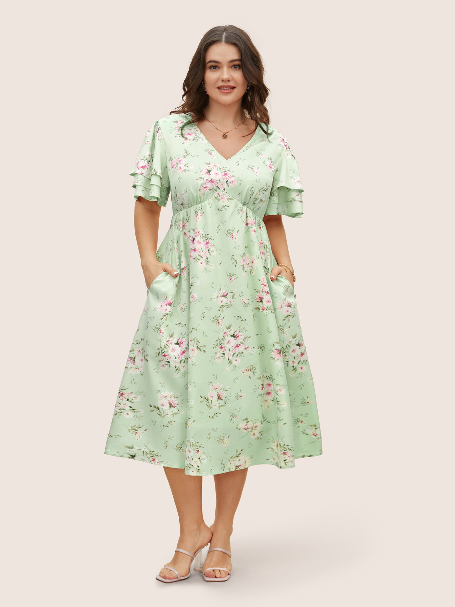 Floral Elastic Waist Tiered Ruffle Sleeve Dress