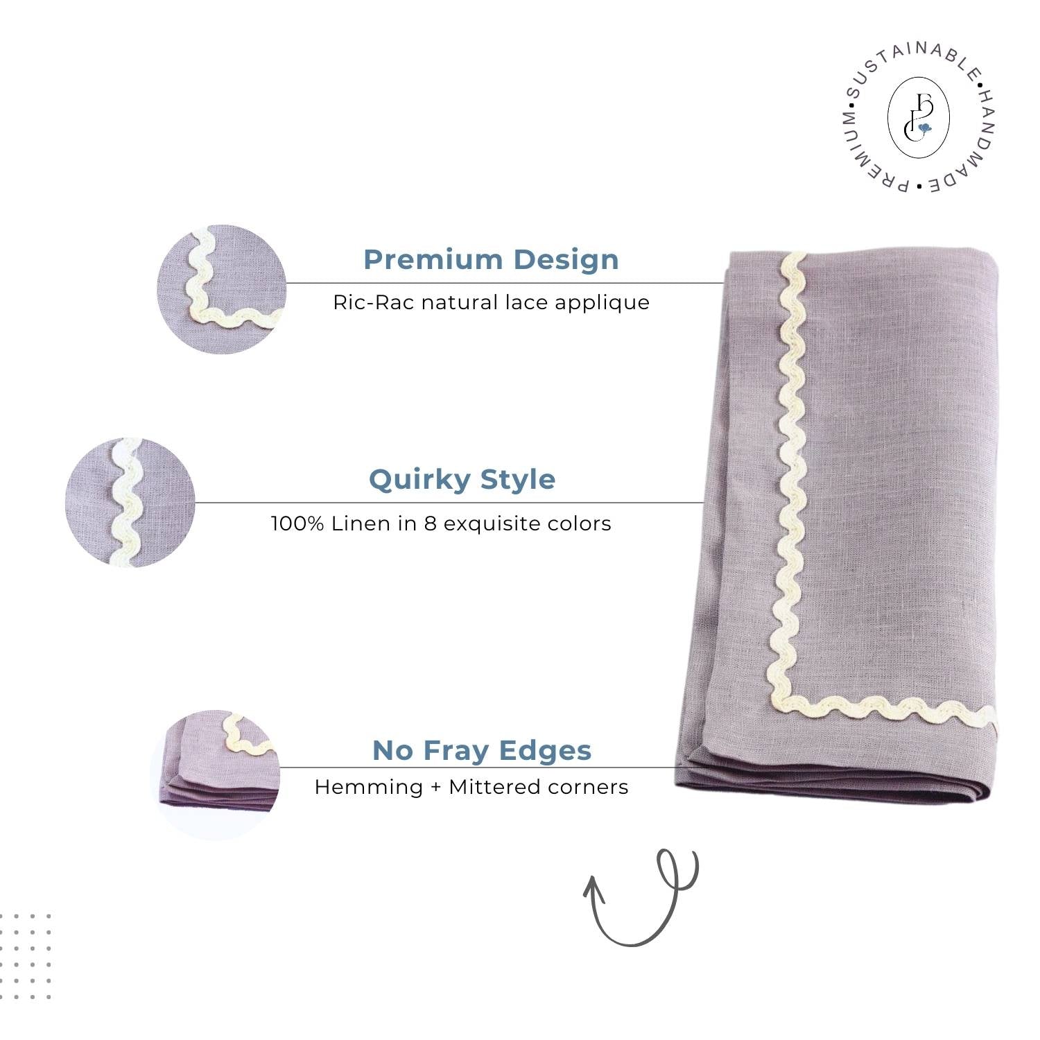 Lavender Rick Rack Lace 100% Linen Napkins