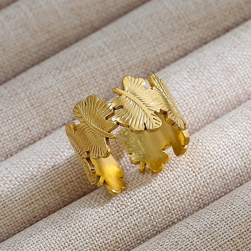 Rock Oversized Leaves Eye Flower 304 Stainless Steel Gem 18K Gold Plated Inlay Open Rings