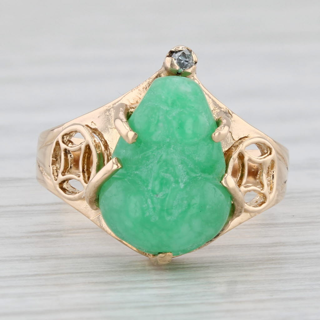 Carved Green Jade Frog Diamond 18k Yellow Gold Size 6 Vintage AS IS