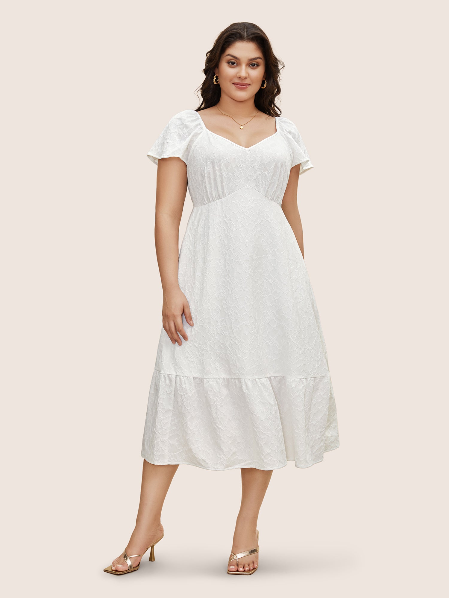 Heart Neckline Jacquard Textured Midi Dress